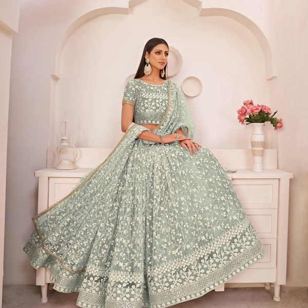 Indische Hochzeit Abnutzung Mintgrün Fancy Faden-Arbeit mit Arbeitsfolge Lehenga mit Designer-Bluse Stück & netto Dupatta Bollywood Lehenga Choli