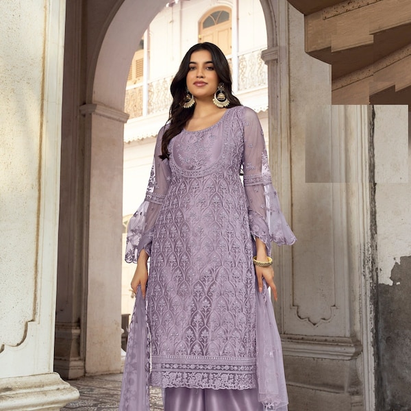 Lavender Colored Butterfly Net Salwar Kameez & Designer Dupatta Pakistani Festival Wear Ready To Wear Beautiful Palazzo Suit For Women/Girls