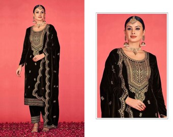 Attractive Black Colored Heavy Velvet Salwar Kameez With Pure Chinon Dupatta, Pakistani Festival Wear Designer Salwar Suits For Women's