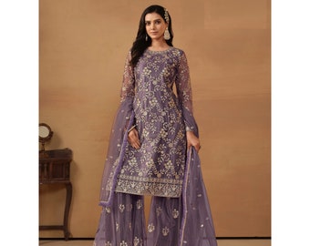 Purple Colored Heavy Net Sharara Suits , Santoon Bottom With Designer Dupatta Pakistani Wedding & Eid Festival Wear Beautiful Salwar Suit