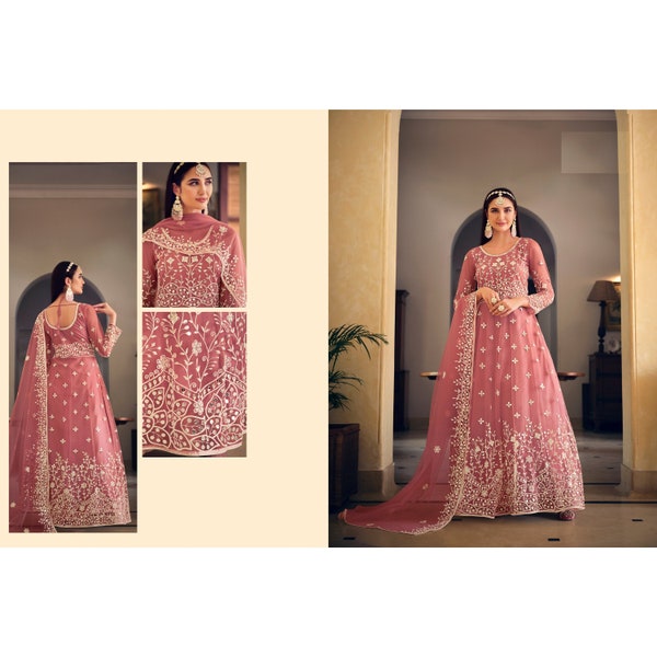 Traditional Pink Colored Butterfly Net Bridesmaid Anarkali Gown With Designer Dupatta Ready To Wear Most Beautiful Long Salwar Suits