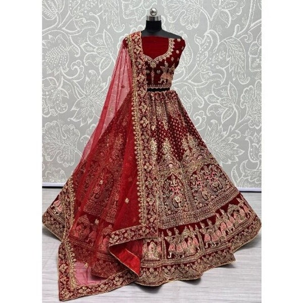 Bridal Velvet Lehenga With Designer Soft Dupatta Indian Wedding And Reception Party Wear Zari And Diamond Worked Lehenga Choli