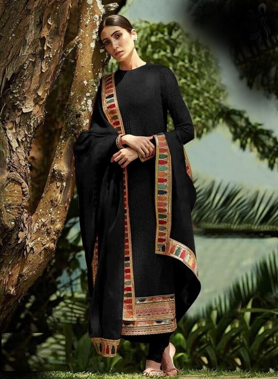Black salwar suit top with colourful dupatta