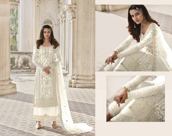 Ramzan Eid Wear Pakistani Designer White Colored Salwar Kameez With Embroidered Wedding Wear Straight Cut Hand Made Islamic Salwar Suits