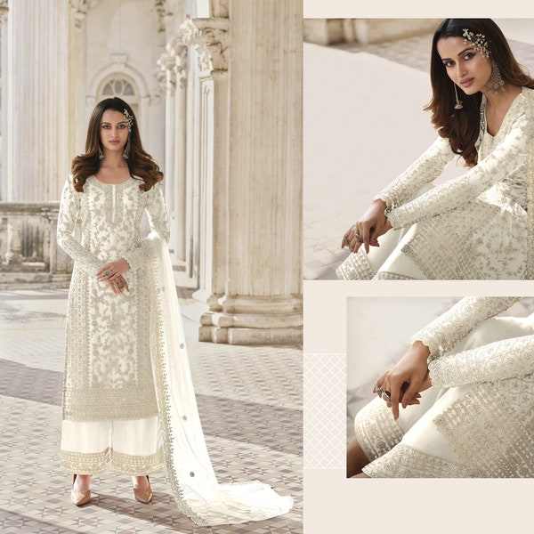 Ramzan Eid Wear Pakistani Designer White Colored Salwar Kameez With Embroidered Wedding Wear Straight Cut Hand Made Islamic Salwar Suits