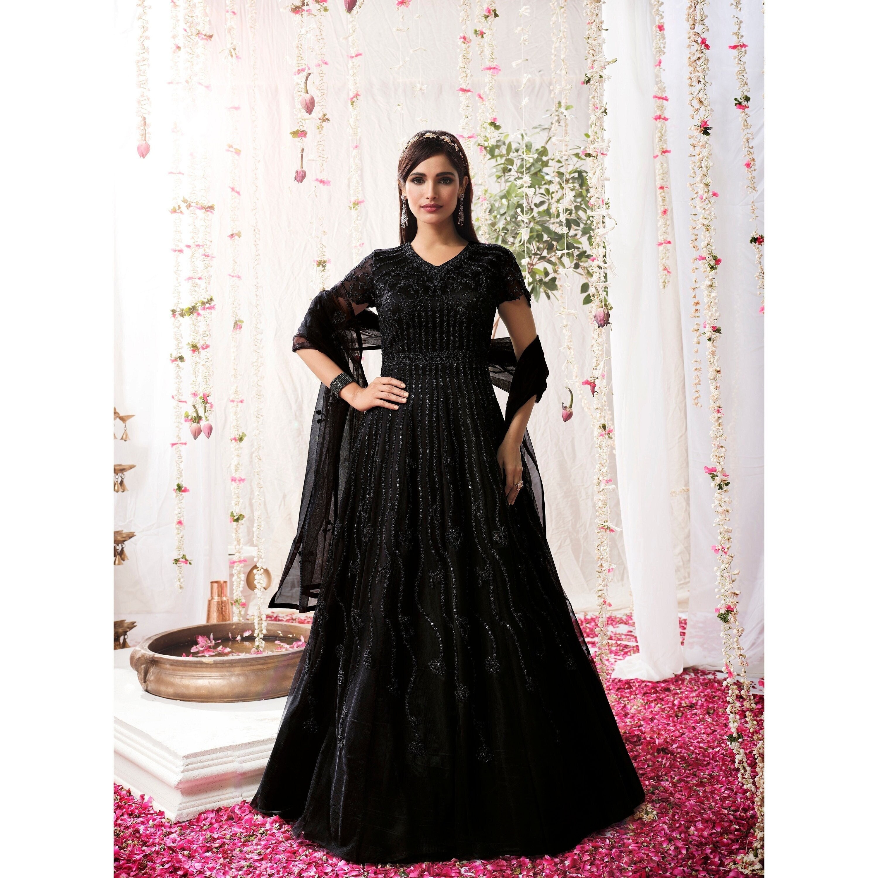 Shop Black Georgette Sequins Gown Party Wear Online at Best Price | Cbazaar