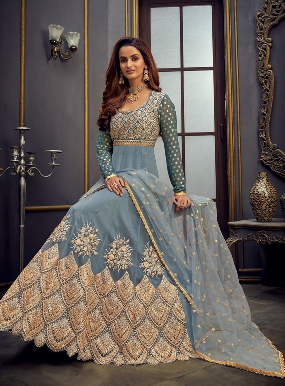 Grey Floral Touch Gown Style Salwar 