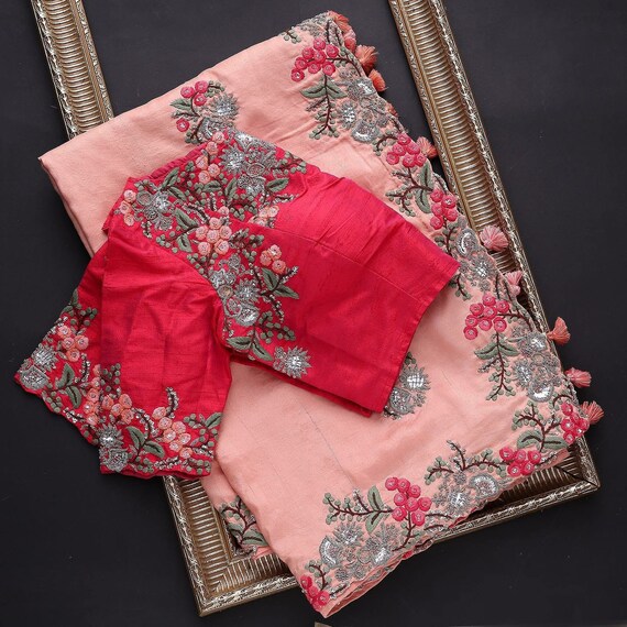 Women Wedding Wear Heavy Embroidery Worked Burberry Organza Silk Saree with Un Stithed Blouse main image 1
