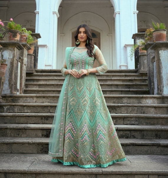 Grey Net Embroidered Anarkali Suit with Dupatta - AS3628