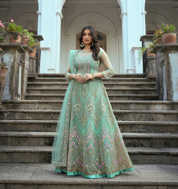 Hand Embroidered Chinon Silk Saree Style Gown in Purple : TCH320