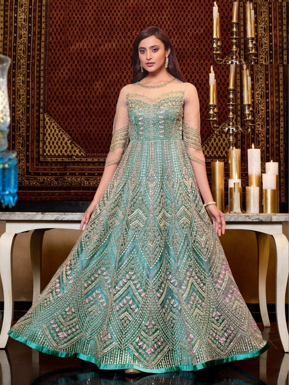 $52 - $64 - Sea Green Pearls Indian Gown and Sea Green Pearls Designer Gown  Online Shopping