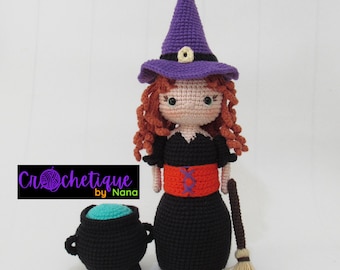 Cute Halloween Witch with Broom and Cauldron Crochet Pattern - Patrón de Brujita a Crochet con Escoba y Caldera- Amigurumi pdf tutorial