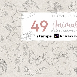 Procreate - 49 Tier Tattoo Stempel Pinsel Line Art Insekt Vogel Fisch Handgezeichnet Cartoon Poster Digital How Minimal Brush Stamps Kommerziell