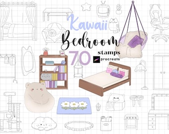 May include: A collection of 70 Kawaii Bedroom stamps for Procreate. The image features various bedroom-themed illustrations, including beds, furniture, and decorative items. The color palette includes soft pastels and outlines, creating a cute and inviting aesthetic.