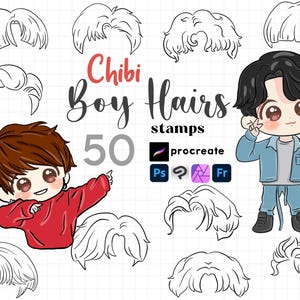 Procreate Chibi Boy Hairs : Kawaii Base Hair Stamps Manga HairStyle Cartoon Photoshop ClipStudio Brush