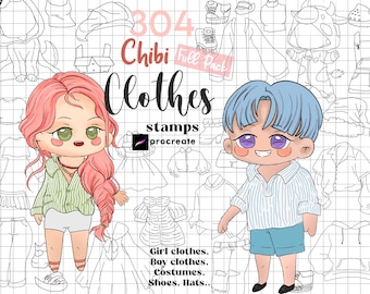 Procreate Chibi Klädstämplar: Kawaii Outfit Karaktärsskapare Chibis Kläder Tecknad Mode Penslar