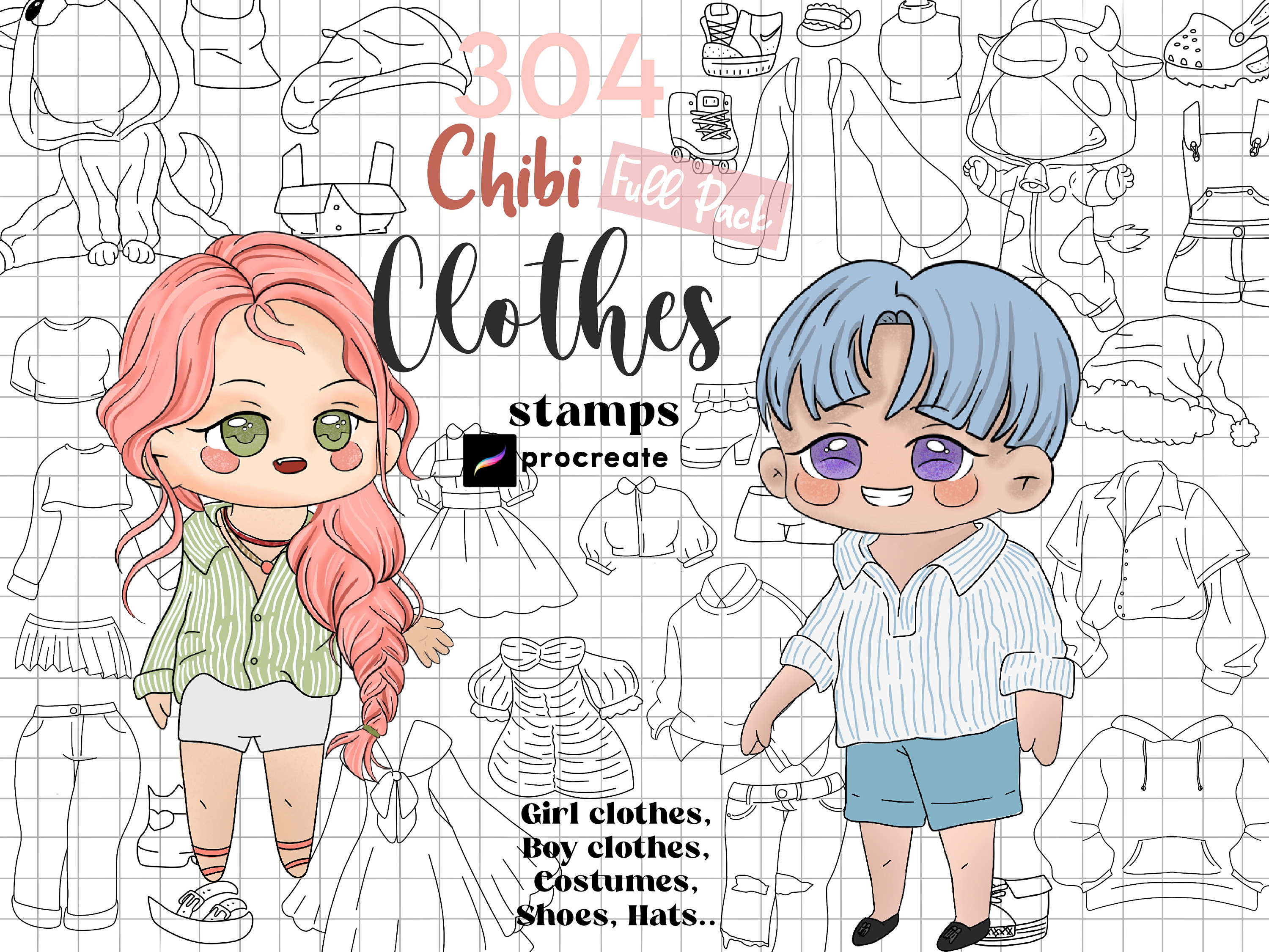 Pack de sellos de ropa chibi para Procreate – 304 pinceles de disfraces kawaii para personajes de anime y manga