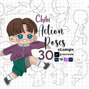 Procreate Chibi Stamps : Action Pose Guides Body Base Sport Dancing Fighting Photoshop Brushes