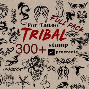 May include: A digital collection of over 300 black tribal tattoo stamp designs for Procreate. The image features various graphic illustrations including dragons, scorpions, cats, and abstract patterns with the text For Tattoo TRIBAL 300+ stamp.