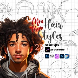Procreate Curly Boy Hair Stamps 25 Afro Man Hair Style ABR Stamps Photoshop Hairs Clip Studio Paint Affinity Anime Man Art Krita ibis Paint