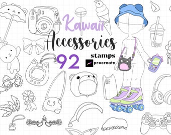 以下が含まれることがあります： Procreate 用の 92 個の Kawaii アクセサリースタンプセット。スタンプには、リボン、帽子、バッグなど、さまざまなかわいいカラフルなアクセサリーが含まれています。