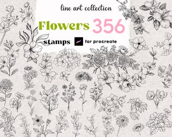 Procreate Flower Stamps : Botanical Tattoo Design Guides Rose Peony Daisy Line Art Floral Brushset
