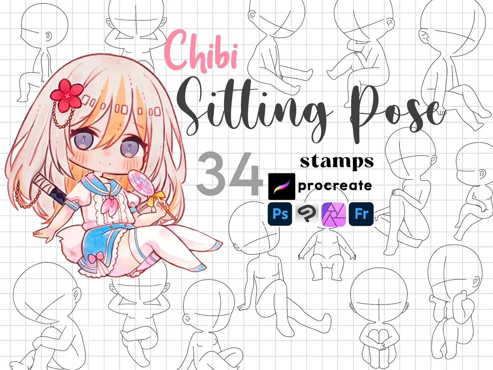 Procreate Chibi Stamp : Chibi Base Sitting Pose Drawing Clip Studio ...