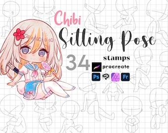Procreate Chibi-stempel: 34 Chibi-basis zittend cartoonlichaam gids Photoshop Clip Studio-penseel