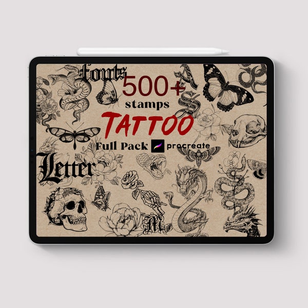 500 Procreate Tattoo Stamps Full Pack Tattoo Stamp Brush Procreate Snake Dragon Butterfly Skull Bone Tattoo Maker Tattoo Bundle Lettrage
