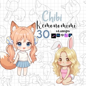 Procreate Chibi Animal Stamps : Kemonomimi Ear Tail Fantasy Character Base Photoshop ClipStudio Brushes