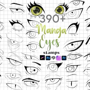 May include: A grid of manga eye designs in black and white, with a few featuring green irises. The image includes the text "390+ Manga Eyes stamps" and icons for Procreate, Photoshop, Affinity Photo, and Fresco.