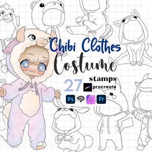 Sellos de disfraces chibi para Procreate: Atuendo kawaii, ropa de animales, pinceles de Affinity para Photoshop, Clip Studio Fresco