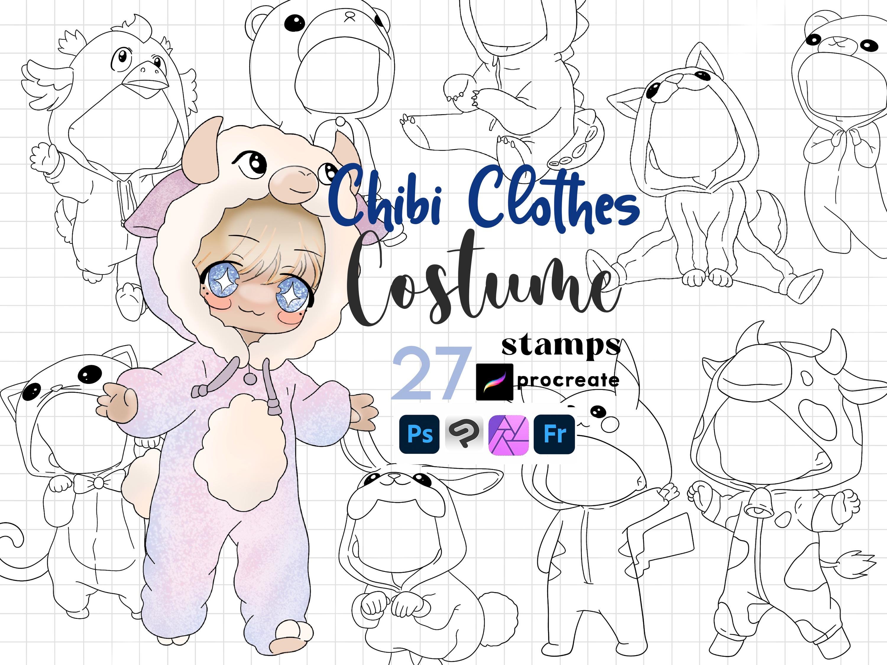 Chibi-kostuumstempels voortplanten: kawaii outfit dierenkleding Photoshop  ClipStudio Fresco Affinity Brushes - Etsy België, image size:3000x2250