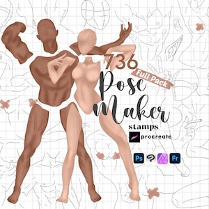 May include: Digital art product featuring a "Pose Maker" full pack with 736 stamps for Procreate, Photoshop, and other software. The image includes stylized human figures in various poses, with a grid background.
