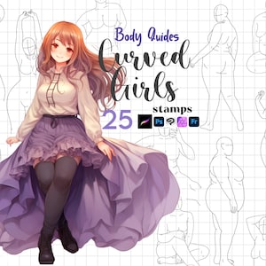 Könnte beinhalten: Eine Illustration mit einer Frau in einem lila Kleid mit dem Text "Body Guides Curved Girls 25 stamps". Das Bild enthält Strichzeichnungen von weiblichen Figuren in verschiedenen Posen und Symbole für Procreate, Photoshop und andere Software.