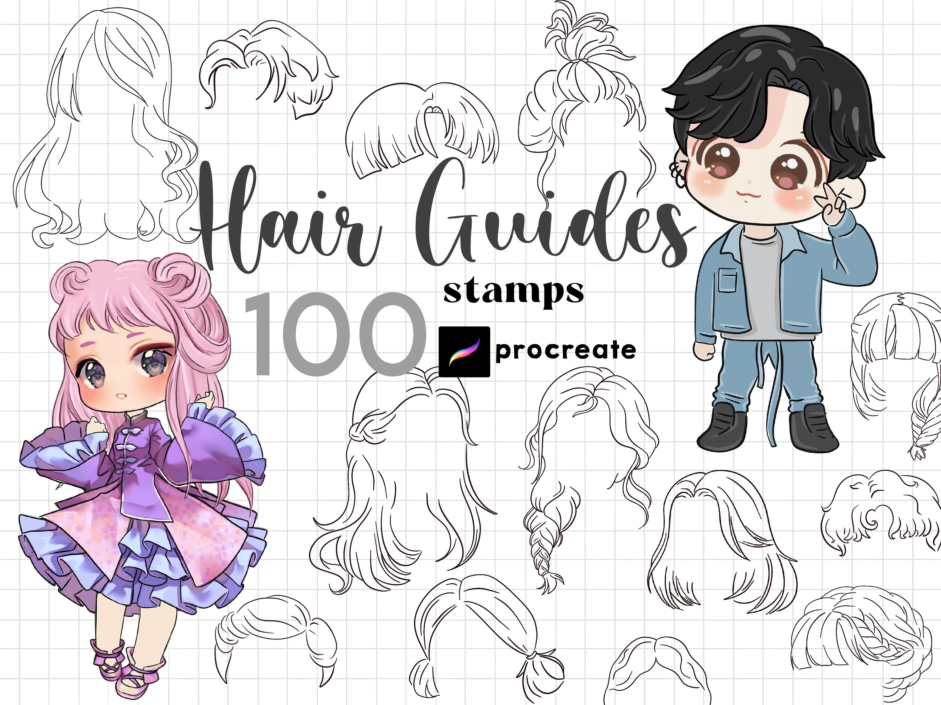 Procreate Anime Hair Stamp Brushes – 100 Chibi & Manga Hairstyles for Character Design