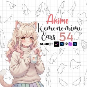 May include: Digital art featuring an anime-style character with cat ears, holding a mug. The image includes sketches of various ear designs and the text "Anime Kemononomi Ears 54 stamps". The character has blonde hair and wears a sweater.