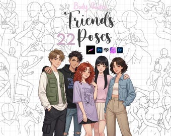 Carimbos de poses de grupo de anime para Procreate: Guias de corpo de anime, amigos, Clip Studio, pincéis para Photoshop