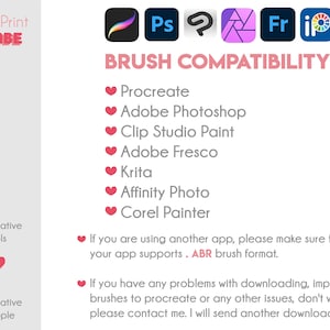 以下が含まれることがあります： 「Art Print BABE」と「BRUSH COMPATIBILITY」の文字が入った白いグラフィック。Procreate、Adobe Photoshop、Clip Studio Paint、Adobe Fresco、Krita、Affinity Photo、Corel Painterなどの互換性のあるソフトウェアをリストしています。