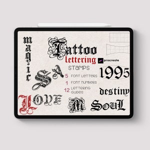 Procreate - Paquete de tatuajes Escritura fácil Carta Sello Fuente Pincel Tipo de cuadrícula Texto Tatuaje Gótico Oldschool Bruja Doodle Arte Digital Cómo dibujar