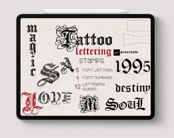 Procreate - Tattoo Pack Easy Writing Letter Stamp Font Brush Grid Type Text Tattoo Gothic Oldschool Witch Doodle Art Digital How Draw