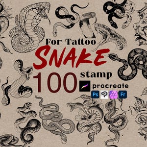 Może przedstawiać: Kolekcja 100 stempli węży do wzorów tatuaży, przedstawiająca różne ilustracje węży w czarnym tuszu. Słowo "SNAKE" jest w kolorze czerwonym, z tekstem "For Tattoo" nad nim. Obraz zawiera również słowo "stamp" i logo Procreate.