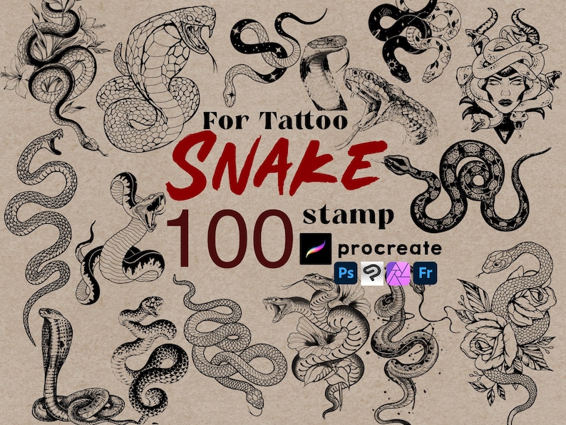 May include: A collection of 100 snake stamps for tattoo designs, featuring various snake illustrations in black ink. The word "SNAKE" is in red, with the text "For Tattoo" above it. The image also includes the word "stamp" and the Procreate logo.