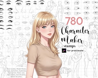 Creador de Anime Procreate: Paquete de personajes, sellos de retrato, pinceles para rostro de chica manga