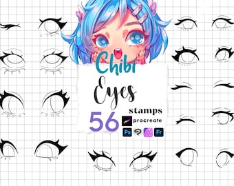 May include: A digital collection of 56 black and white chibi eye stamps for illustration software, featuring various eye shapes, lash styles, and expressions on a white grid background, topped with a colorful anime character illustration.