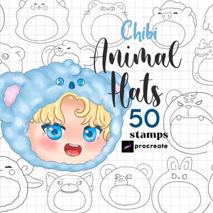 Sello de sombreros de animales Chibi de Procreate 50 disfraces de Chibi Ropa base de Chibi de Procreate Personaje de tela de animal lindo kawaii Dibujos animados peludos de Procreate