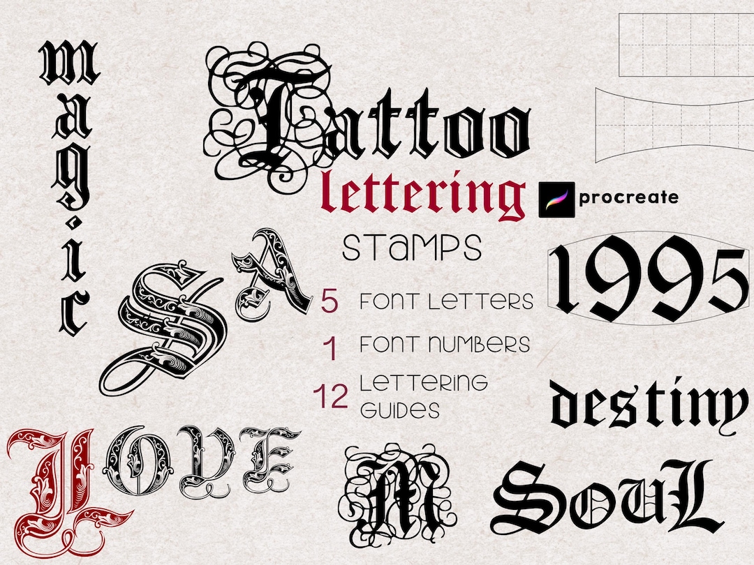 Procreate Tattoo Lettering Brushes : Typography Gothic Font Tattoo Stamps  Oldschool Script Writing Guides - Etsy, image size:1080x810