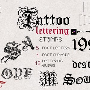 Puede incluir: Sellos digitales de letras de tatuaje para Procreate, con fuentes de estilo gótico. Incluye 5 letras de fuente, 1 número de fuente y 12 guías de letras. La imagen muestra las palabras "Tattoo Lettering", "Love", "Soul" y "Destiny".