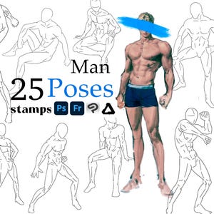 Photoshop Anime Man Stamp 25 Male Poses Man Anatomy Abr Brushes Clip Studio Fresco Man Body Guides Manga Character Figure Adobe Photoshop