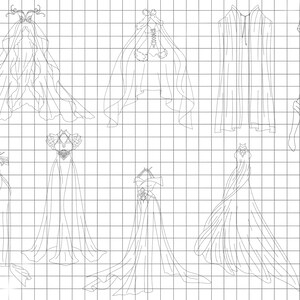 Op de afbeelding: Lijntekeningen van acht verschillende kledingontwerpen op een geruit achtergrond. De ontwerpen omvatten een verscheidenheid aan jurken, capes en tops.